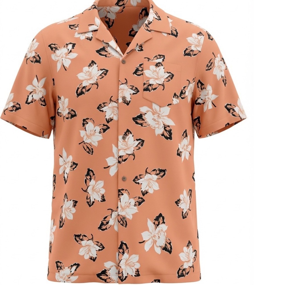 Men's Linen‎ Blend Shirt XL Short Sleeve Camp Collar Peach Hawaiian Floral Beach